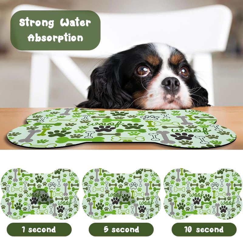 Dog Food Mats for Floors Waterproof, Pet Feeding Absorbent Water Bowl Mat Cat Placemats Green Bone Shape 23.6 * 15.7 inch