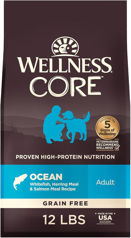Wellness CORE Dry Dog Food, Grain-Free, High Protein, Natural, Ocean Whitefish, Herring, & Salmon Recipe, (12-Pound Bag)
