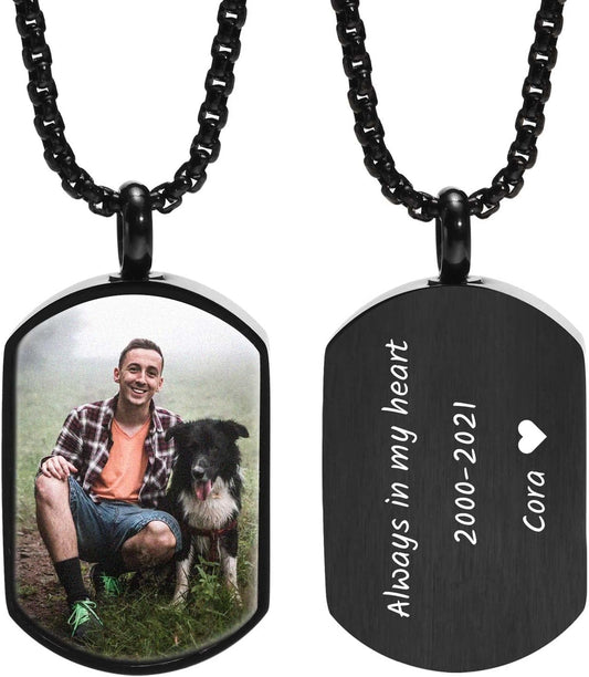 VNOX Personalized Customizable Photo Text Cremation Urn Necklace for Ashes Holder Dog Tag Pendant Family Pet Memorial Keepsake Jewelry for Men Women