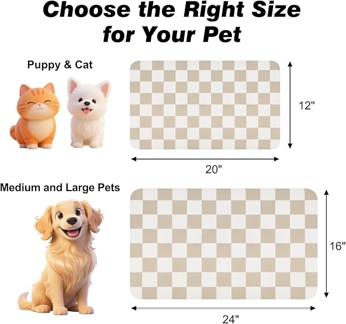 Checkered Pet Feeding Mat, Absorbent Dog Mat for Food and Water Bowls Dispenser 12" x 20" Khaki