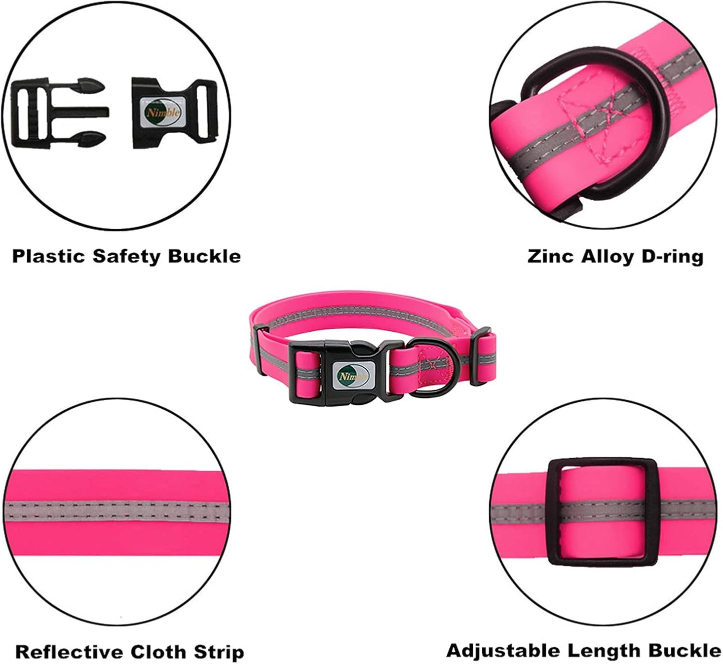 NIMBLE Dog Collar Waterproof Pet Collars Anti-Odor Durable Adjustable Polyester Soft with Reflective Cloth Stripe Basic Dog Collars S/M/L Sizes (Large (15.35”-24.8”inches), Pink)