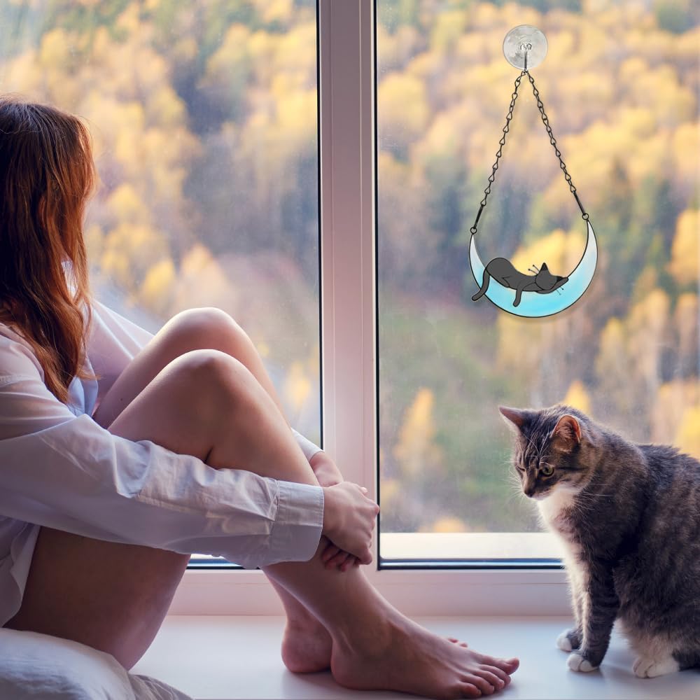 callie Cat Memorial Gifts for Loss of Cats, Pet Memorial Suncatcher Decor for Windows Hanging, Sympathy Bereavement Gift for Cat Lovers (Blue)