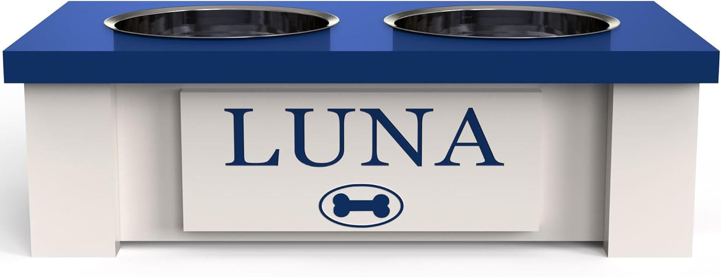 GrooveThis Woodshop - Personalized Elevated Dog Bowl Stand for Large, Medium, Small, X-Small Dogs - Stainless Steel Food and Water Bowls - Raised Dog Dish with Internal Storage (X-Small, Blue)