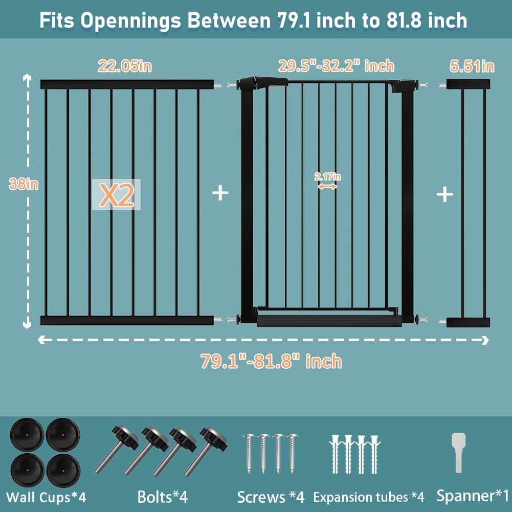 38.5" Extra Tall Dog Gate 79.13"-81.89" Wide - Long Large Pressure Mounted Baby Gates with Door for The House Stairs Doorway - Walk Through Toddler Puppy Pet Safety Fence Gate Black