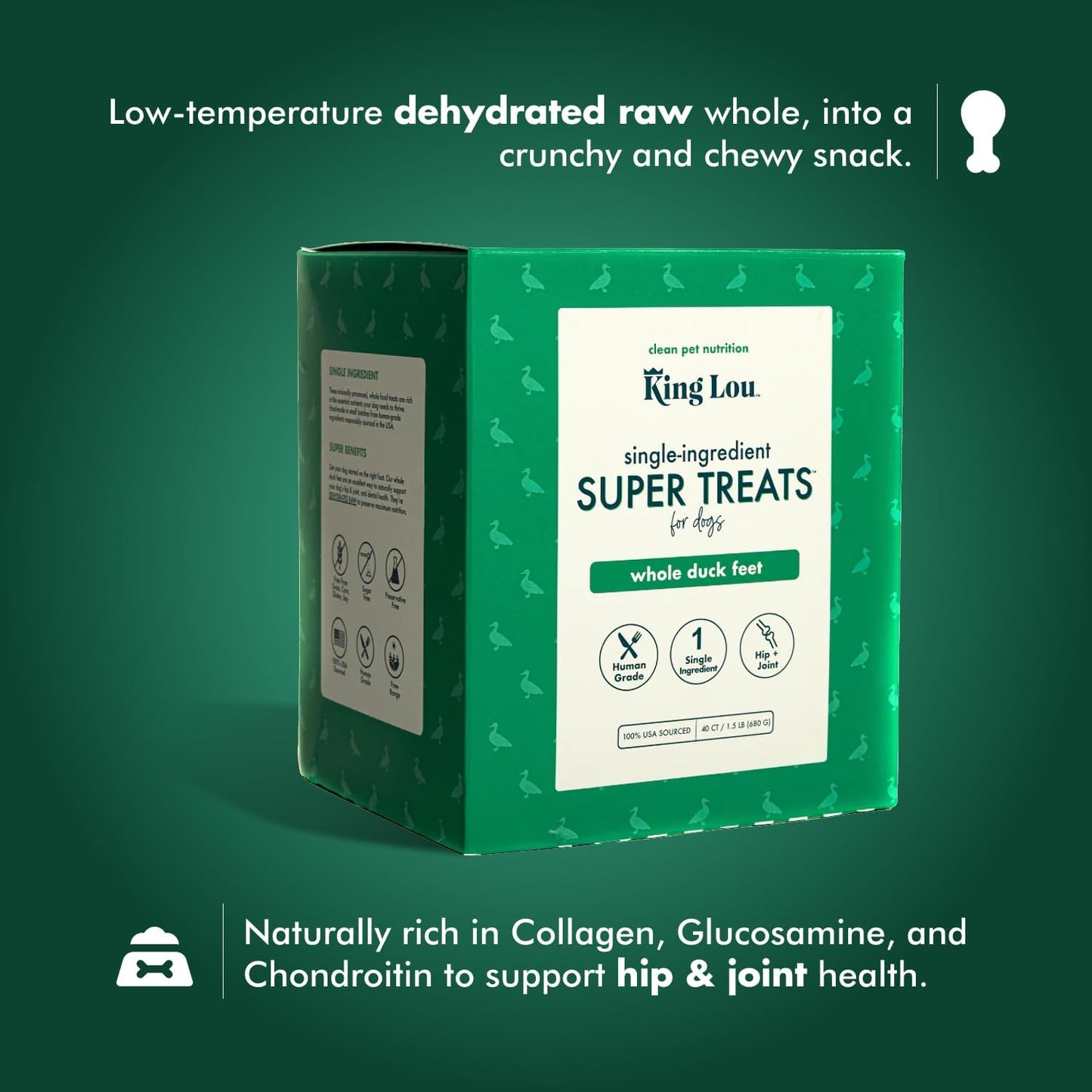 King Lou Pets - Whole Duck Feet for Dogs - Single Ingredient Treat - Dehydrated Dog Treats - USA-Made Dog and Cat Treats - Collagen, Glucosamine, Chondroitin for Hip and Joint Health - 40 Count