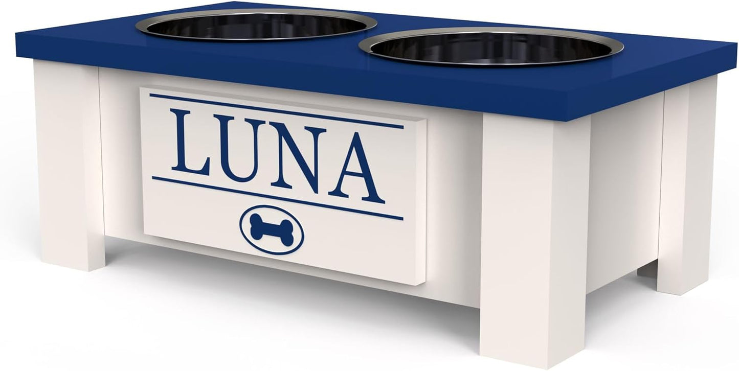 GrooveThis Woodshop - Personalized Elevated Dog Bowl Stand for Large, Medium, Small, X-Small Dogs - Stainless Steel Food and Water Bowls - Raised Dog Dish with Internal Storage (Small, Blue)