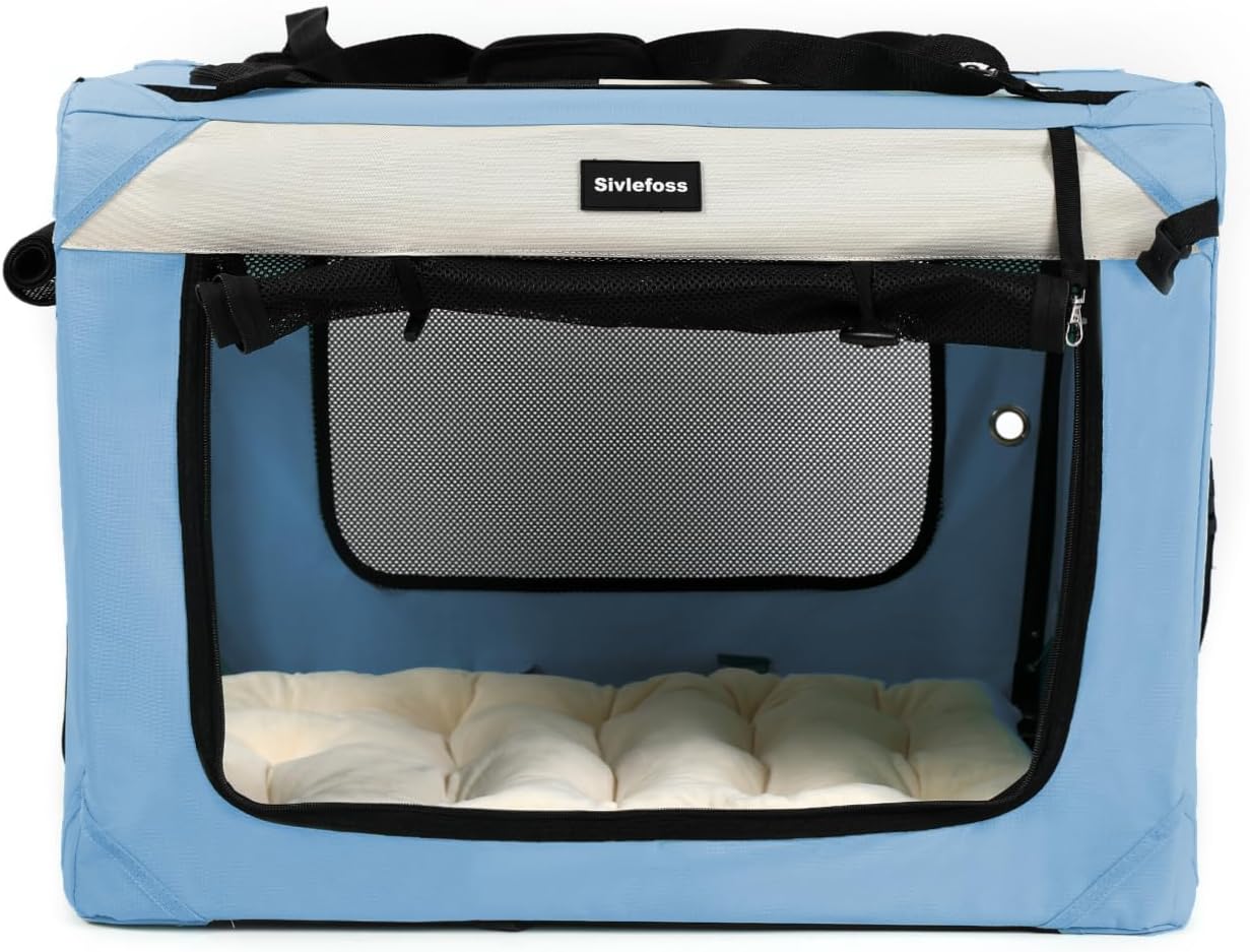 Large Cat Carrier Collapsible Travel Dog Crate Portable Soft-Sided Pet Kennel with Super Soft Warm Plush Pillow for Indoor and Outdoor 24x16x16in,Sky Blue