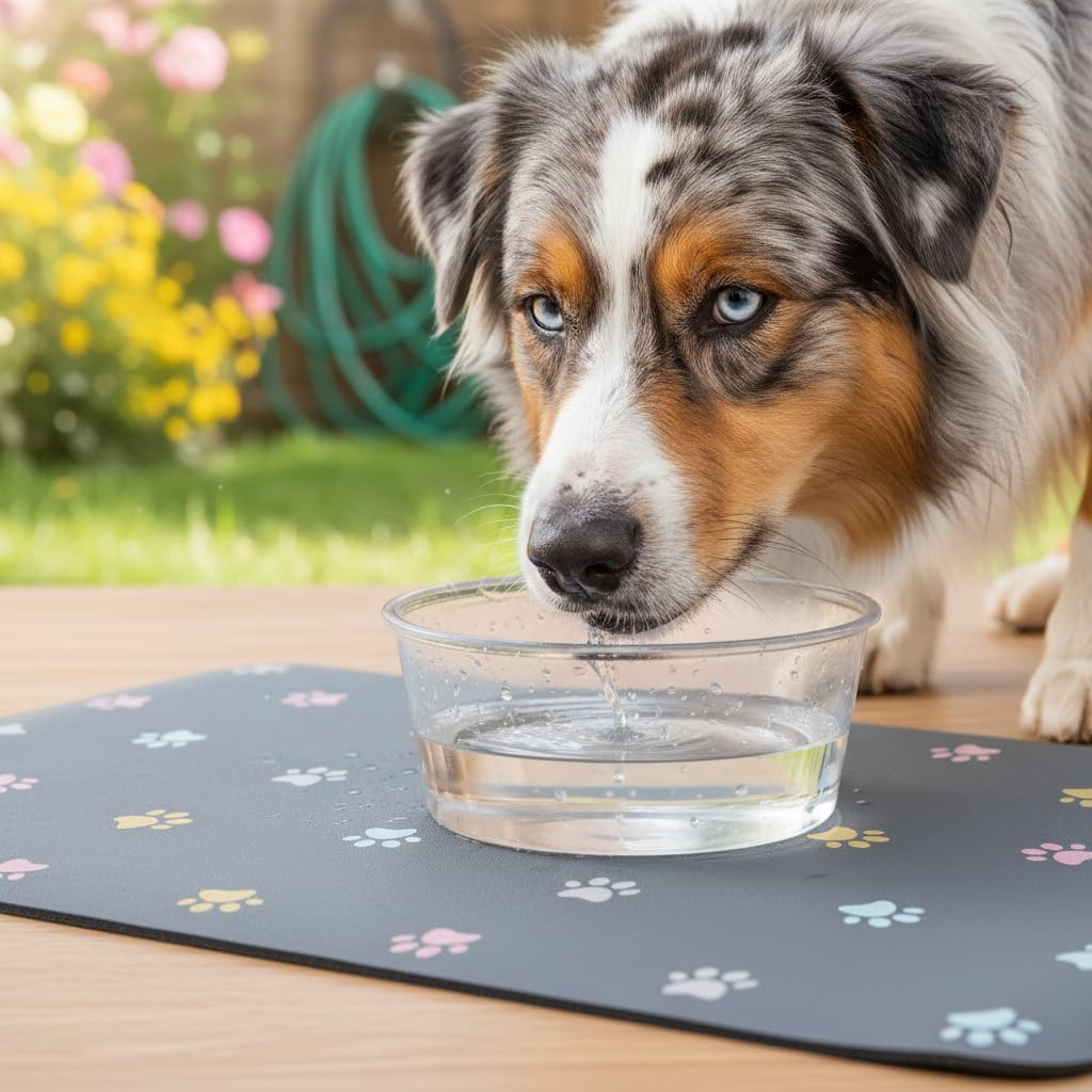 Pet Feeding Mat Absorbent Dog Mat for Food and Water Non Slip Quick Dry Dog Bowl Mats for Floors 27" X 17" Paw Dark Gray