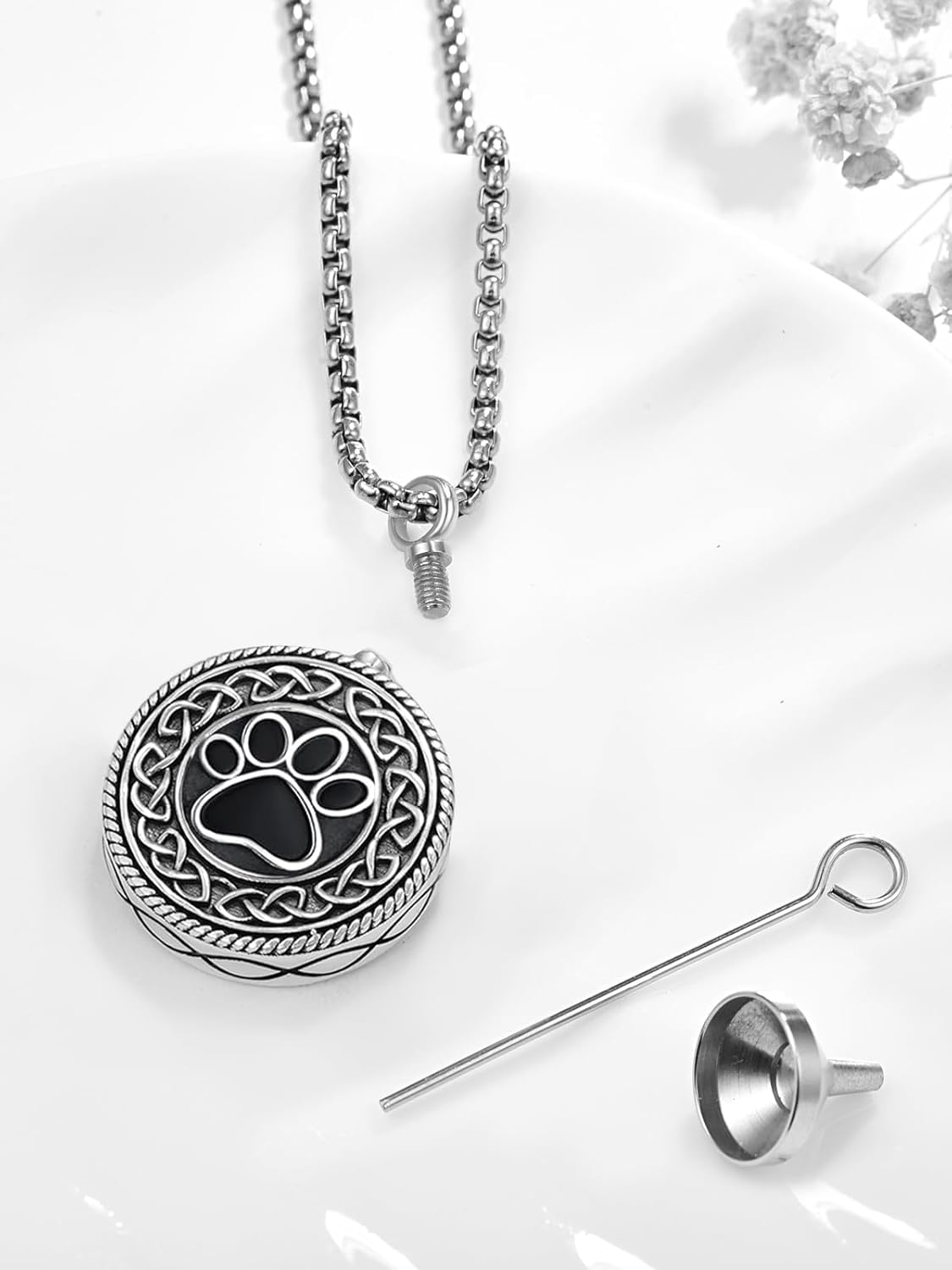 Pet Cremation Urn Necklace for Dog Cat Ashes 925 Sterling Silver Paw Print Keepsake Pendant Celtic Knot Memorial Jewelry for Women Men
