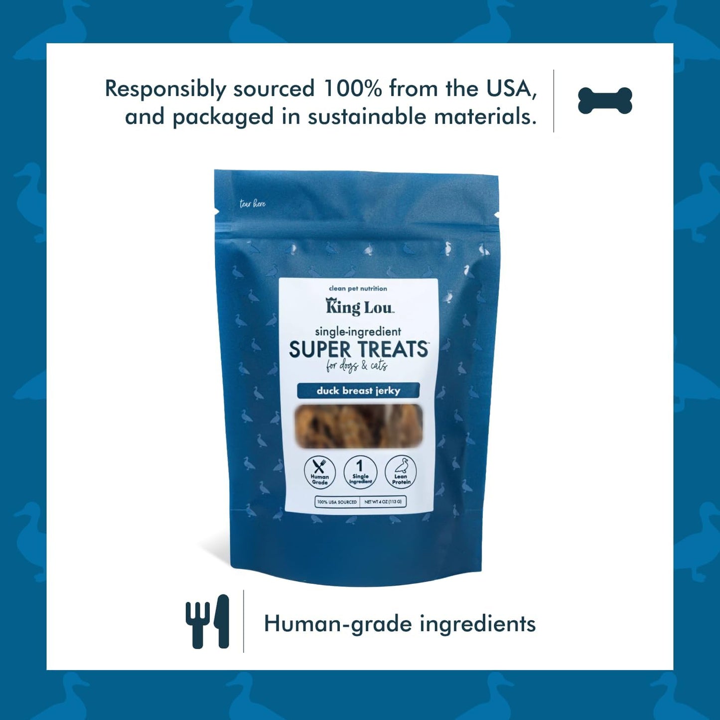 King Lou Pets Duck Jerky Treats – Single Ingredient Dehydrated Duck Breast – USA Made Cat & Dog Snack – High Protein Pet Treat – 1 lb (Prior to Freeze-Drying)