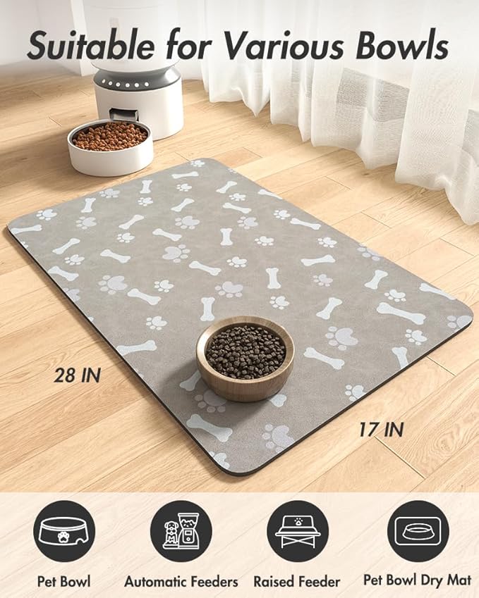 MontVoo Dog Food Mat-Pet Feeding Mat for Food and Water-No Stains Quick Dry Dispenser Cat Bowl Mat for Messy Drinkers(17"x28" Grey)