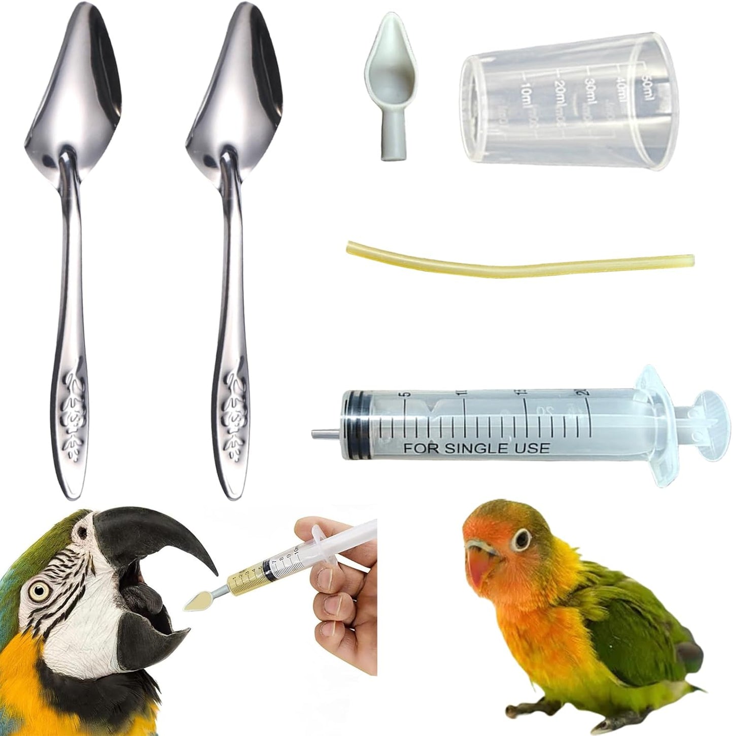 Baby Bird Feeding Syringe Set, Pet Parrot Milk Feeding Syringe with Tubes, Parrot Feeding Tubes Measuring Tools for Feeding Pets Scientific Industrial Labs… (20ml + 2 spoons)