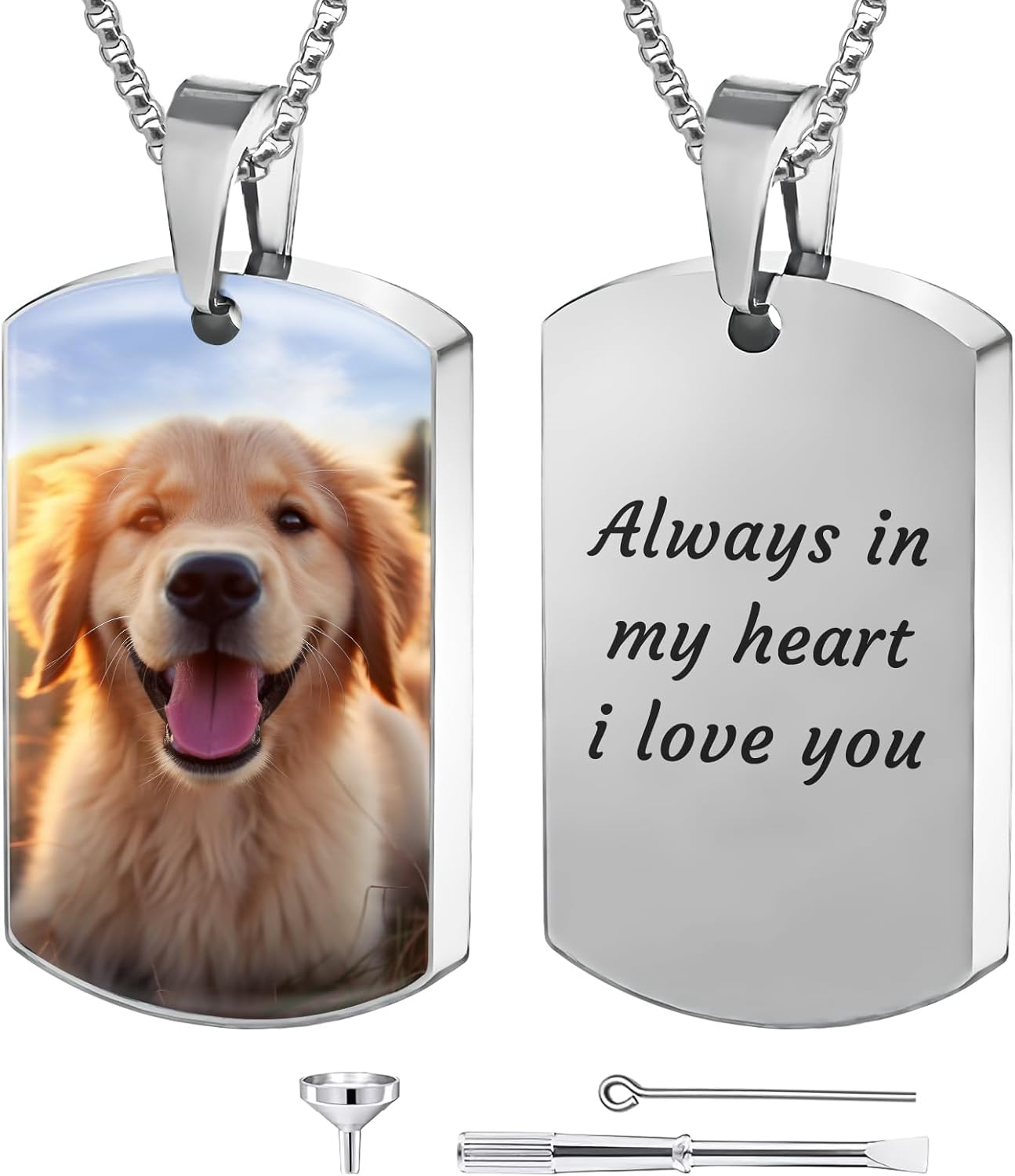 Funnylife Personalized Pet Urn Necklaces for Dog Cat Ashes Custom Photo Text Stainless Steel Cremation Ash Memorial Jewelry Pet Loss Sympathy Gift