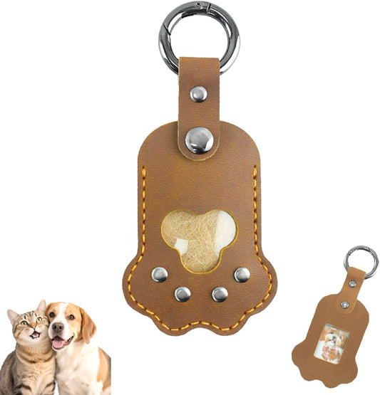 Leather Pet Memorial Keychain, Cat & Dog Hair Keychain, Cute Paw Shaped Keychain, Pet Memorial Gift for Pet Lovers, Key Holder with Collecting Pet Fur and Photo