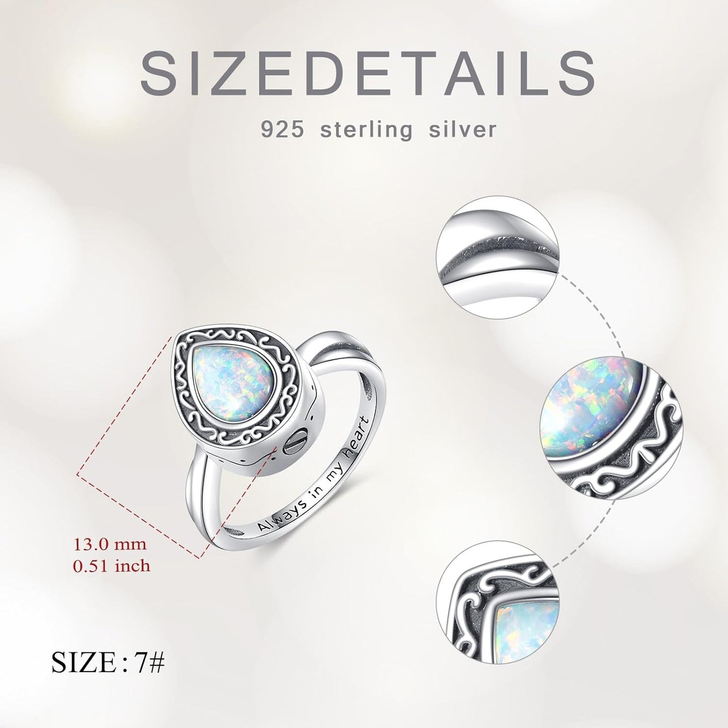Teardrop Cremation Ring for Ashes 925 Sterling Silver Opal Urn Keepsake Rings Always in My Heart Memorial Jewelry for Women