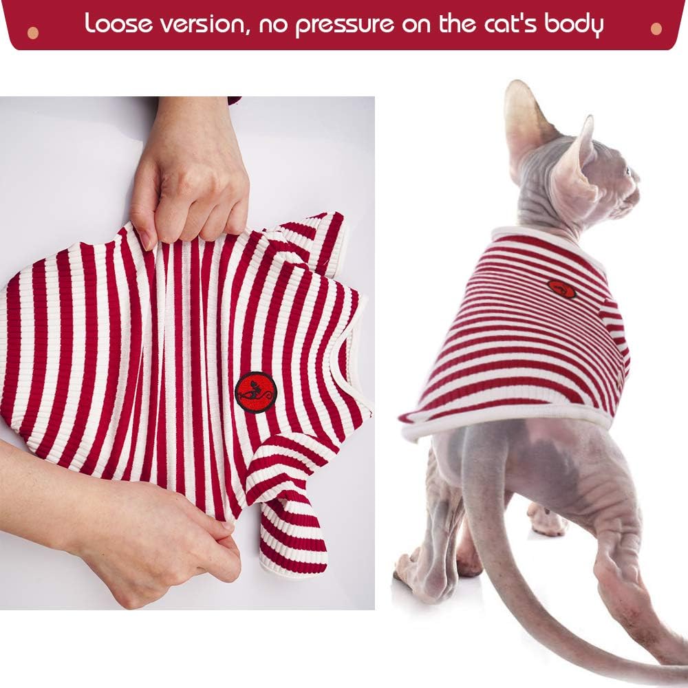 DENTRUN Hairless Cats Shirt Breathable Cat Daily Wear Clothes Stripe Vest Adorable Pajamas Jumpsuit Soft & Skin-Friendly