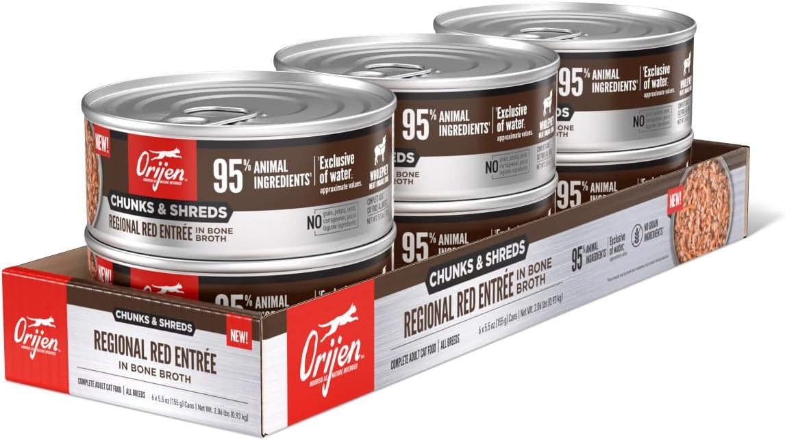 ORIJEN Chunks & Shreds Wet Cat Food Regional Red Entrée 5.5oz Cans (6 Count)