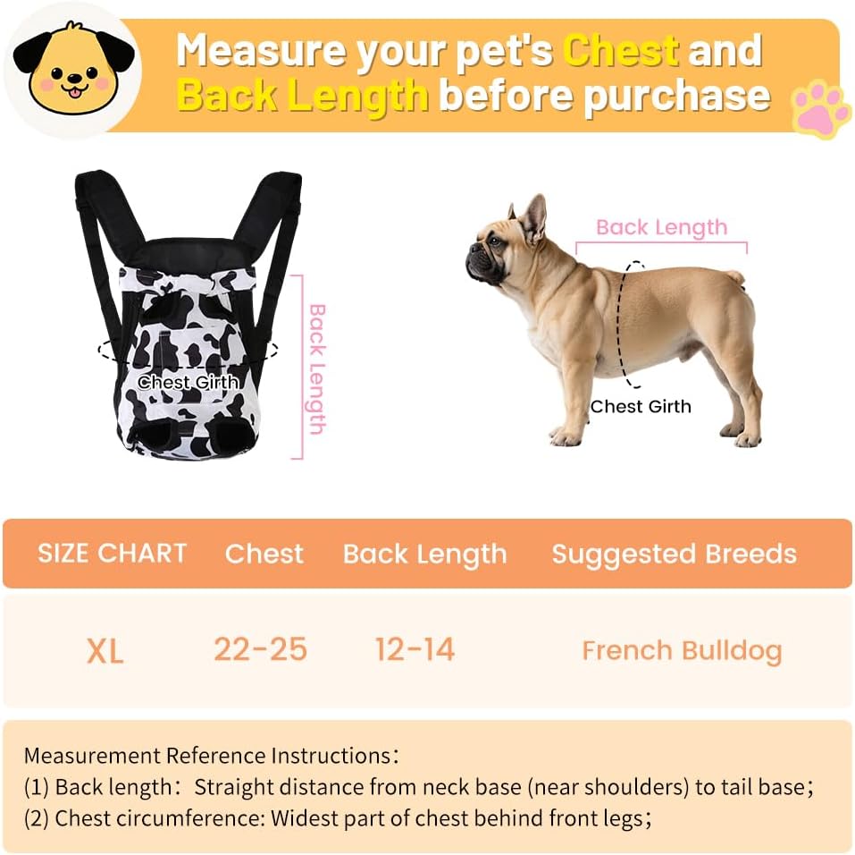Inspack Dog Backpack Carrier/Cat Carrier, Adjustable Pet Front Carriers Travel Bag for Puppy Medium Dogs, Legs Out, Soft Ventilated Dog Chest Carry Backpacks for Hiking/Camping, 10-16 lbs, Cow Print