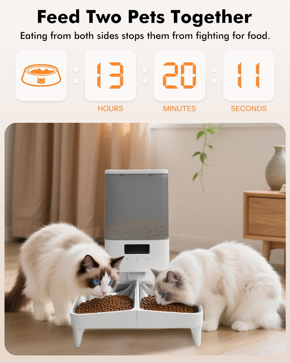 Automatic Cat Feeder for 2 Cats, 20Cups/5L Cat Food Dispenser Automatic, 2.4G WiFi Pet Feeder with Timed APP Control, Stainless Steel Bowls, 1-10 Meals/Day, Dual Power& Detachable for Easy Clean