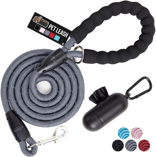 GORILLA GRIP Dog Leash, Heavy Duty Reflective Rope Leashes for Large, Medium, Small Breed Dogs, Puppy Training Essential for Walks, Hikes, Soft Handle, Rotating Metal Clip, Waste Bag Dispenser, Gray