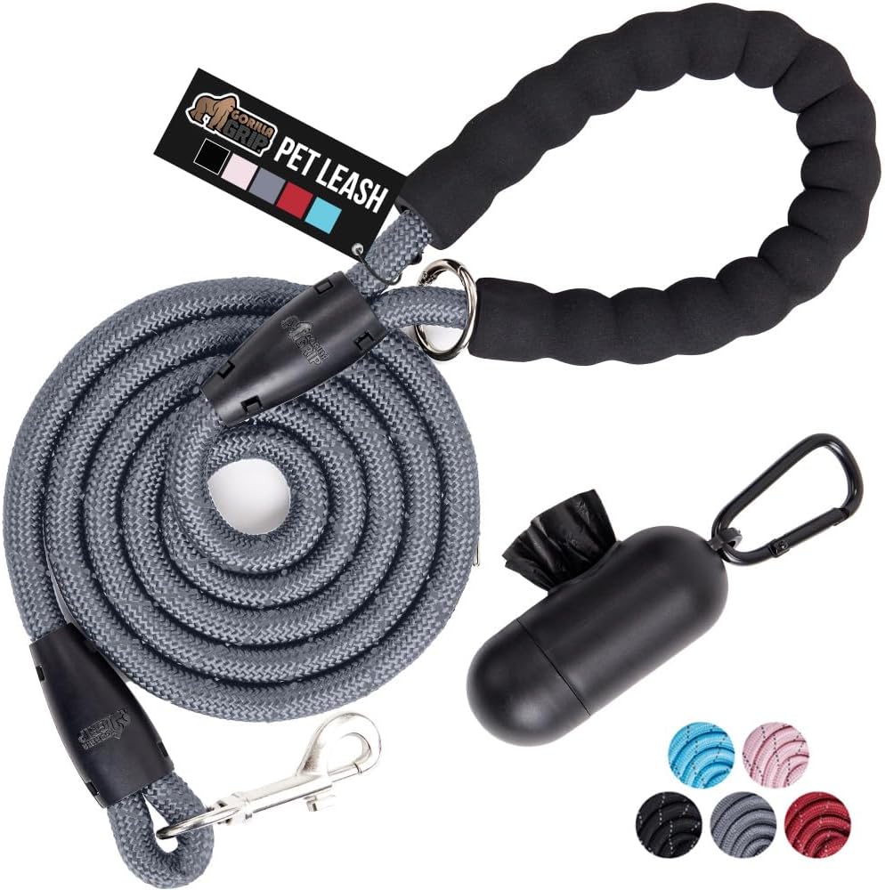 GORILLA GRIP Dog Leash, Heavy Duty Reflective Rope Leashes for Large, Medium, Small Breed Dogs, Puppy Training Essential for Walks, Hikes, Soft Handle, Rotating Metal Clip, Waste Bag Dispenser, Gray