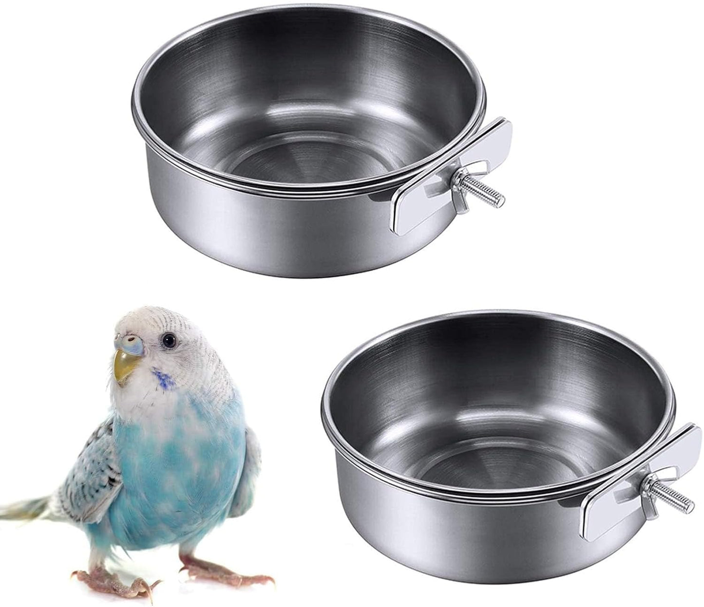 kathson 2 Pack Bird Feeding Dish Cups, Stainless Steel Parrot Feeders Water Cage Bowls with Clamp Holder Bird Feeders for Parakeet Cockatiels Conure Budgies Lovebird Finch and Small Animals