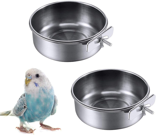 kathson 2 Pack Bird Feeding Dish Cups, Stainless Steel Parrot Feeders Water Cage Bowls with Clamp Holder Bird Feeders for Parakeet Cockatiels Conure Budgies Lovebird Finch and Small Animals