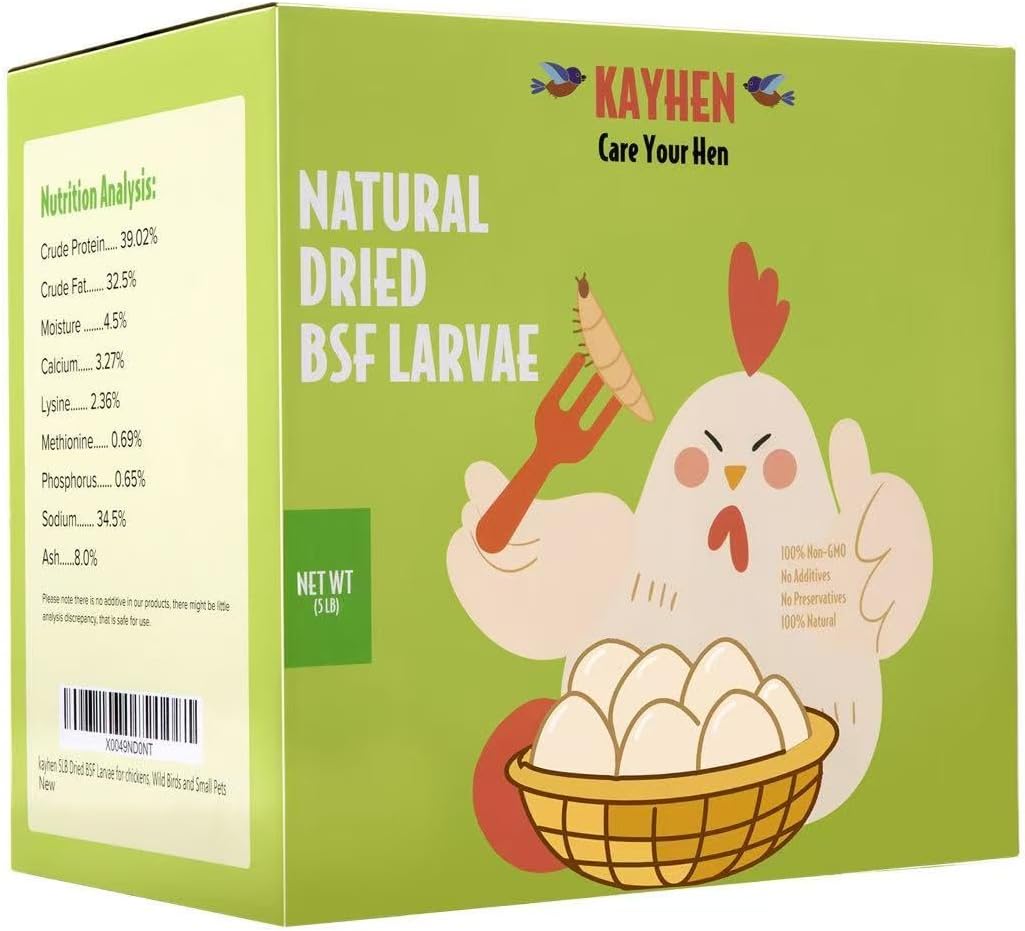KAYHEN Dried Black Soldier Fly Larvae 5LB Non-GMO BSF Larvae for Chickens More Calcium Than Mealworms High-Protein Chickens Treats for Layer Hens Wild Birds Ducks