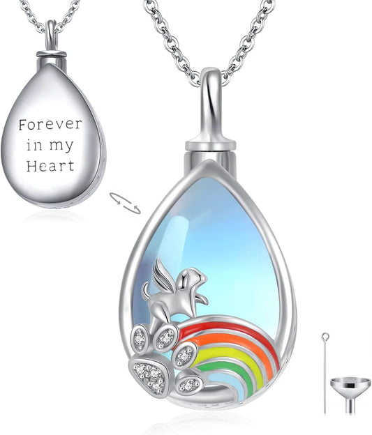 YAFEINI Teardrop Urn Necklace for Ashes Sterling Silver Cat/Dog Ashes Necklace Pet Cremation Jewelry Rainbow Bridge Memorial Gifts