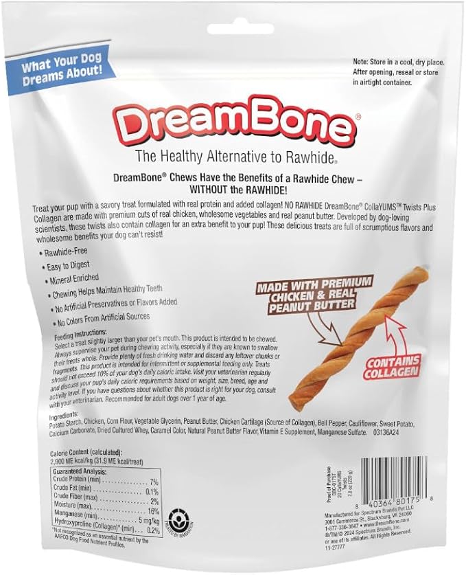 DreamBone CollaYUMS Twists Plus Collagen Chews for Dogs, 20 Count, Treat Your Dog to Rawhide-Free Chews Made with Chicken, Vegetables and Peanut Butter