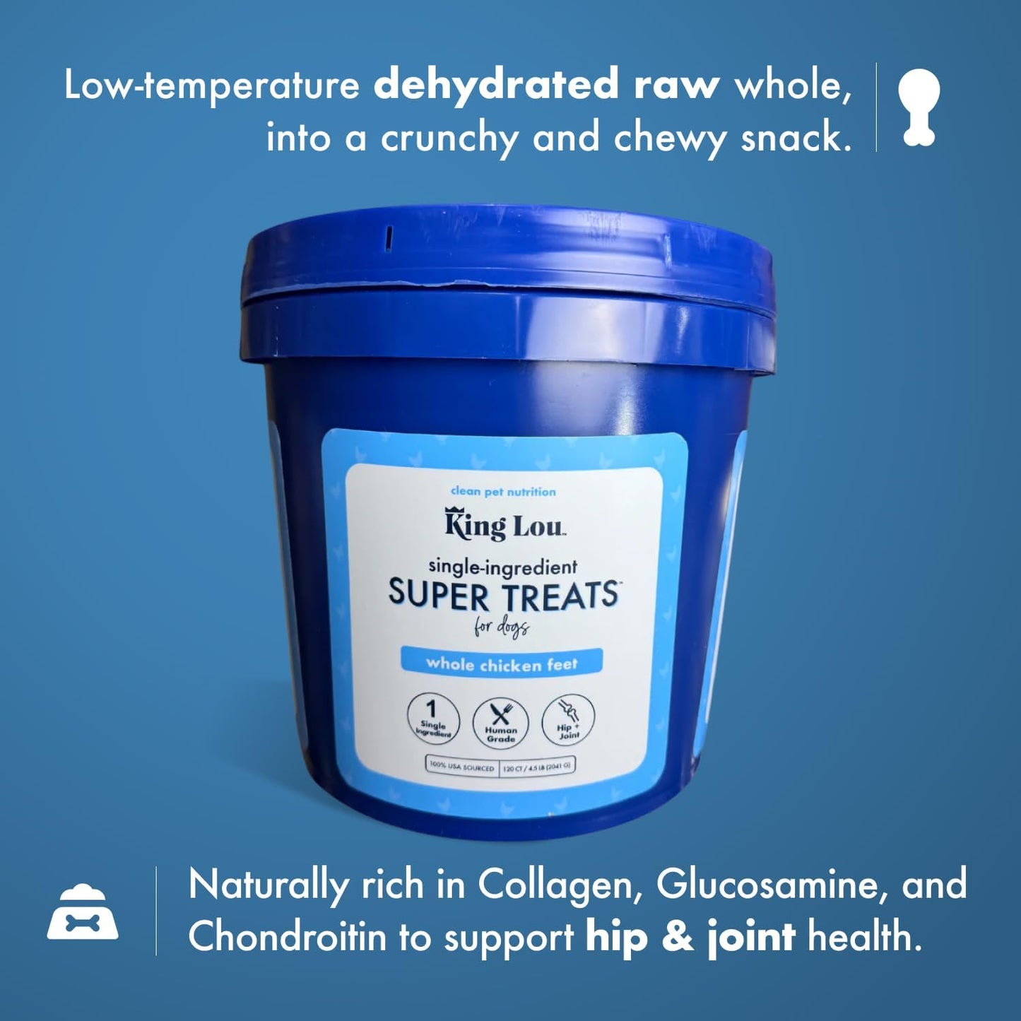 King Lou Chicken Treats – Whole Dehydrated Chicken Feet Chews – Protein-Rich Collagen Chews for Dogs – Single Ingredient Crunchy Treats – 120 Count