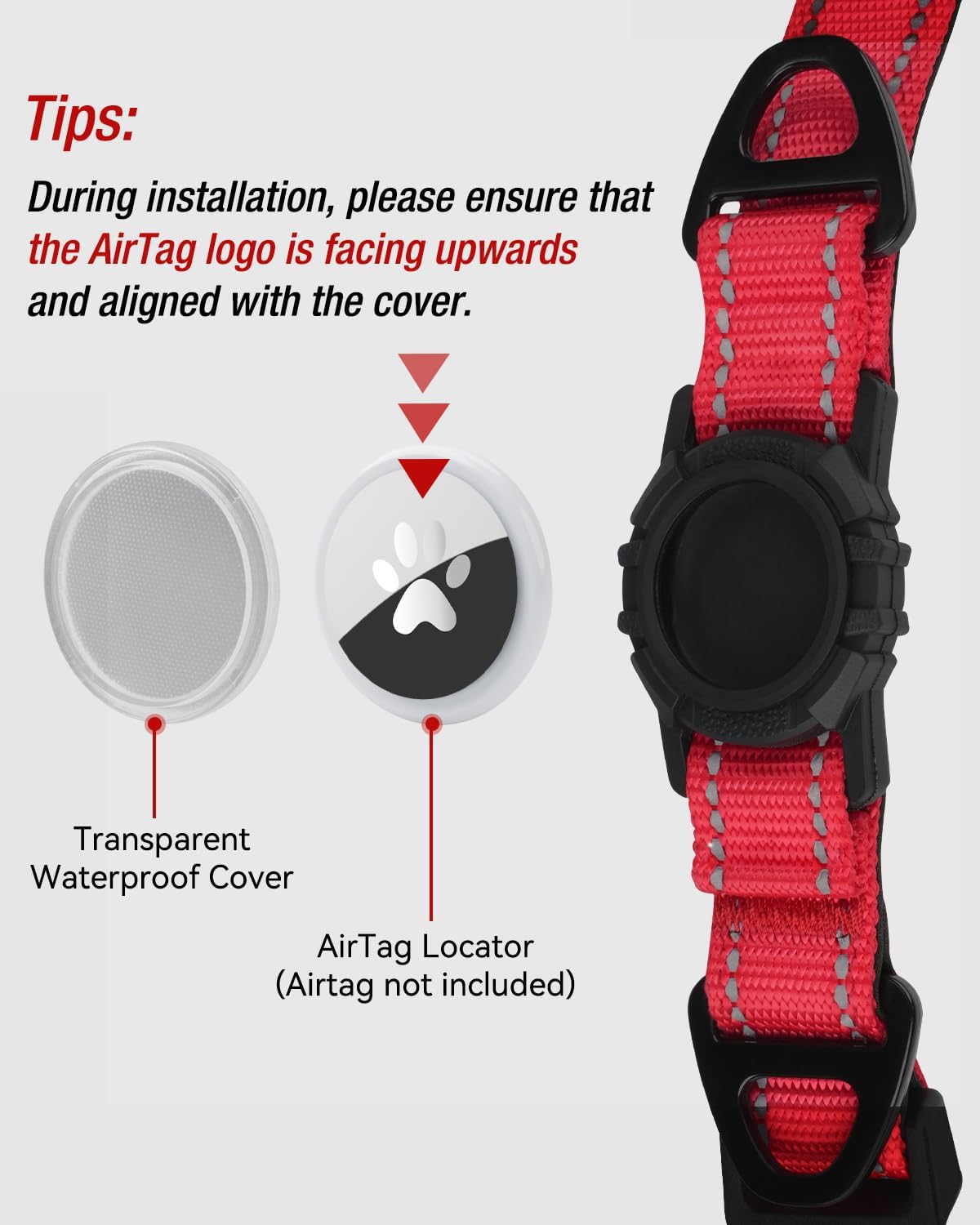 Joytale Airtag Dog Collar, Reflective Pet Collar with Waterproof AirTag Holder, Dual D-Rings, Soft Padded Adjustable for Medium Dogs, Adjustable Length 15"-20", Red, M
