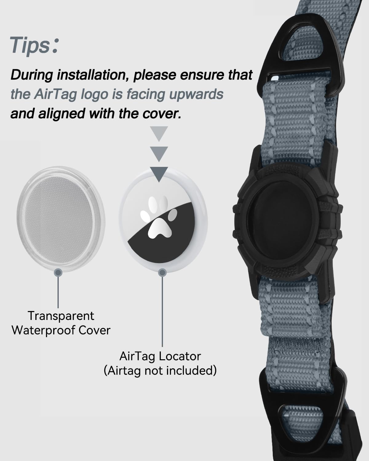 Joytale Airtag Dog Collar, Reflective Pet Collar with Waterproof AirTag Holder, Dual D-Rings, Soft Padded Adjustable for Small Dogs, Gray, S