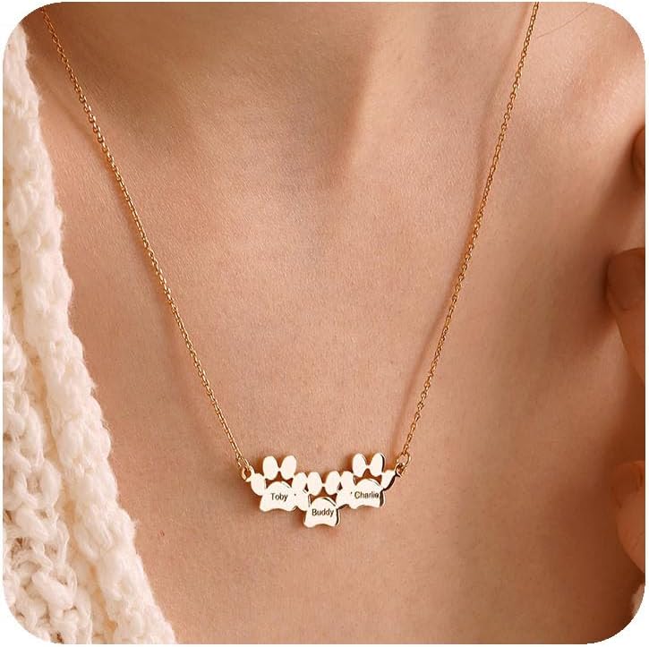 Customized Paw Print Necklace Personalized Pet Name Necklace Custom Engraved Dog Cat Paw Pendant Necklace Pet Memorial Gift for Pet Lovers