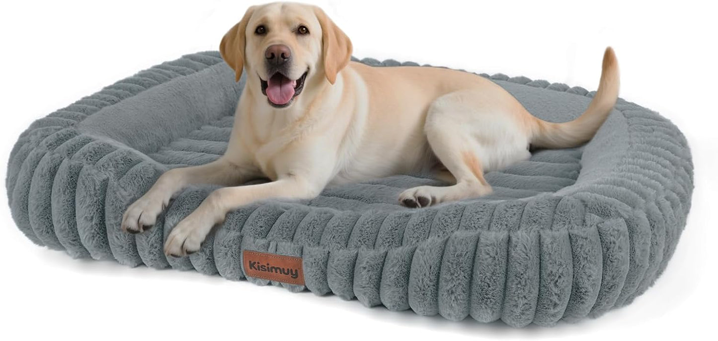 Cute Dog Bed for Large Size Dogs, Orthopedic Durable Calming Dog Bed with Bolster Sides, Washable Furry Sleeping Pet Bed with Handle and Removable Zipper Cover, 35in, Grey