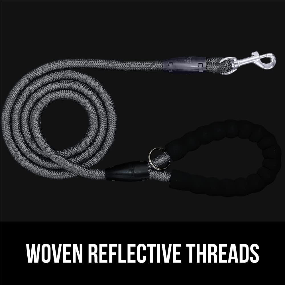 GORILLA GRIP Dog Leash, Heavy Duty Reflective Rope Leashes for Large, Medium, Small Breed Dogs, Puppy Training Essential for Walks, Hikes, Soft Handle, Rotating Metal Clip, Waste Bag Dispenser, Gray