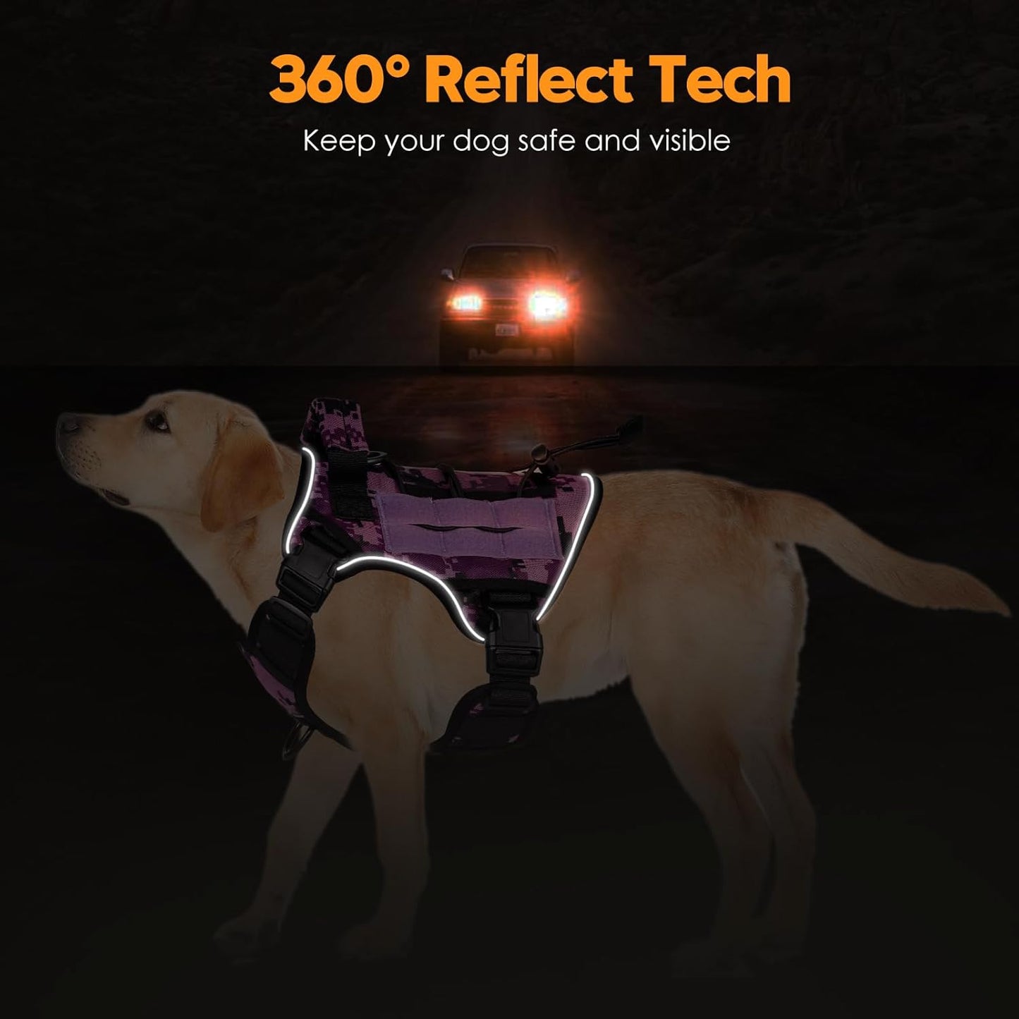 Heavy-Duty Tactical Dog Harness for Large Dogs, No Pull Adjustable Reflective Pet Vest with Molle System, K9 Military-Grade Control for Service Training, Outdoor & 10+ Breeds, Purple Camo, Medium