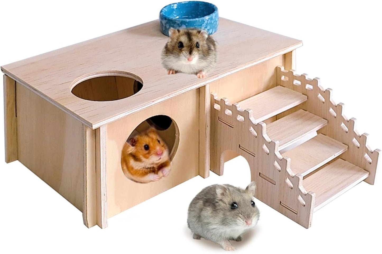 Wooden Hamster Hideout,Hamster House with Ceramic Bowl & Ladder,Small Pets Multi-Chamber Explore Hide Hut Habitats Decor Accessories for Rat,Gerbils, Dwarf Hamsters, Mice