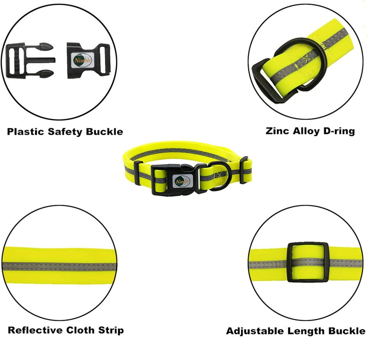 NIMBLE Dog Collar Waterproof Pet Collars Anti-Odor Durable Adjustable PVC & Polyester Soft with Reflective Cloth Stripe Basic Dog Collars S/M/L Sizes (Medium (11.81”-18.5”inches), Fluorescent Yellow)