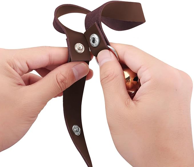 Leather Dog Doorbells for Door Knob/Potty Training/Go Outside, Length Adjustment Copper Dog Bell, Housetraining Hanging Bell, Dark Brown Leather Golden Bells