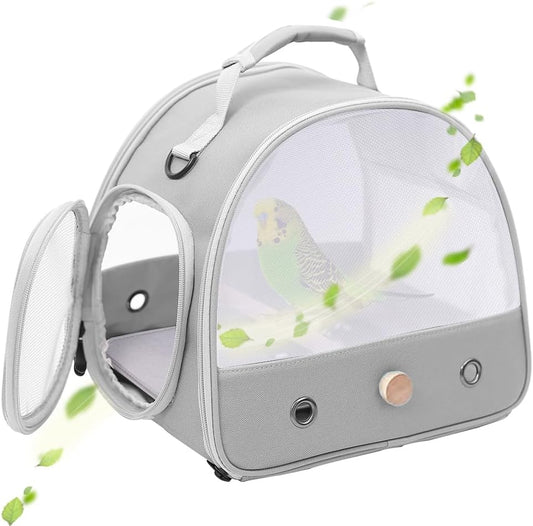 Bird Carrier, Portable Small Bird Parrot Parakeet Carrier with Standing Perch and Soft Support Mat, Side Access Window Collapsible (Grey, Mesh Windows)