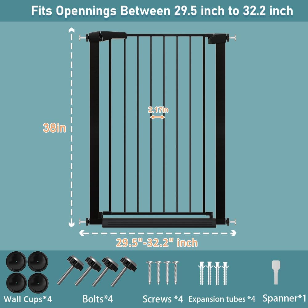 Fairy Baby 38" Extra Tall Baby Gate No Drill, 29.5"-32.2" Extra Wide Wide Dog Gate Indoor, Metal Pressure Mounted Safety Child Kid Gate, Auto Close Pet Puppy Cat Proof Gate for Stairs Doorway, Black