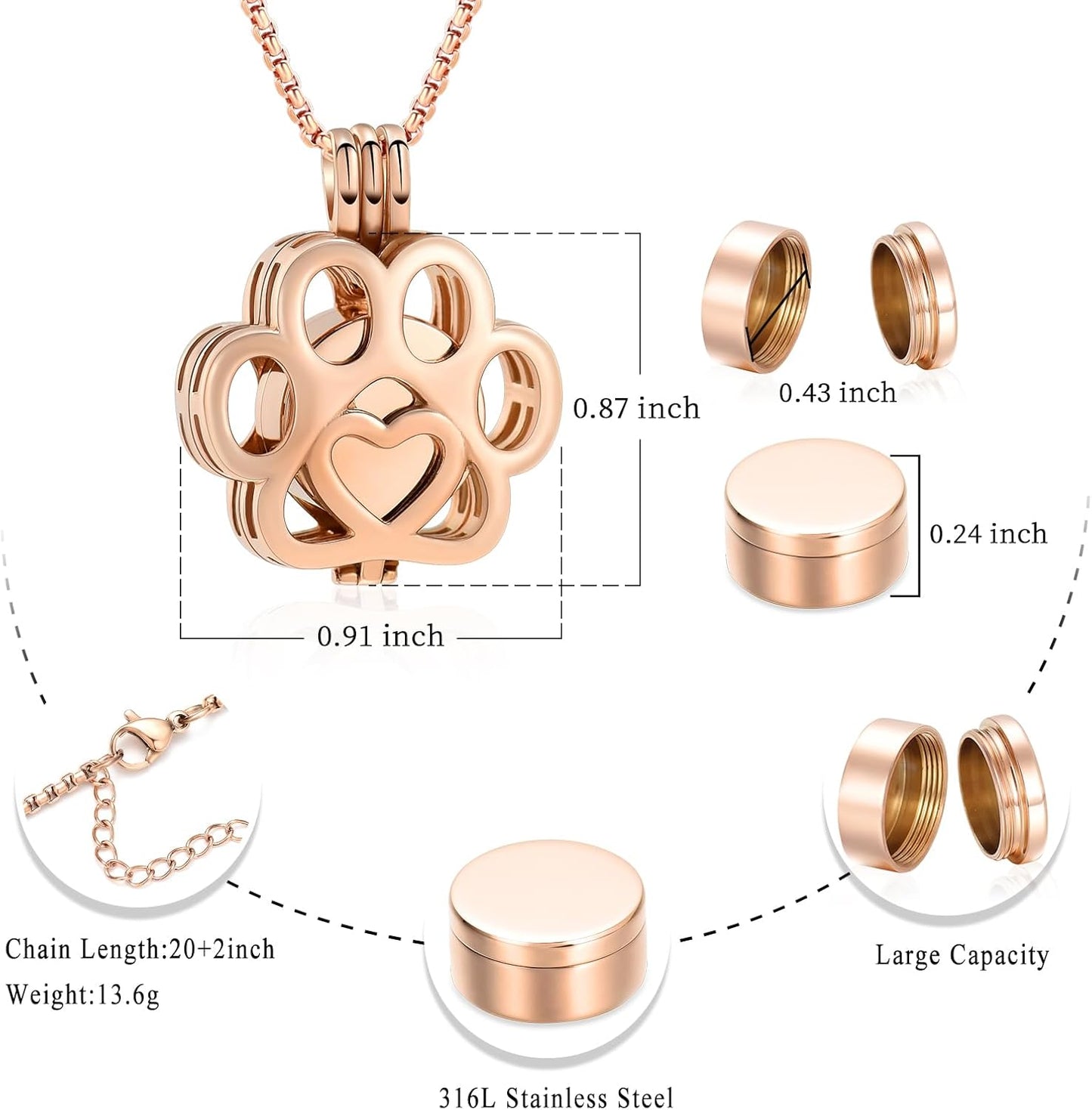 Oinsi Pet Cremation Jewelry For Ashes For Dog/Cat Paw Stainless Steel Memorial Locket Urn Necklace Inside Mini Case Keepsake Cremation Jewelry Women Men