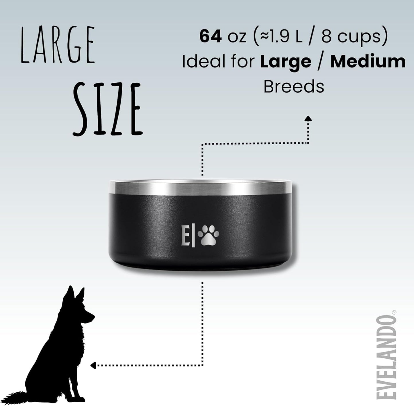 EVELANDO® Premium Dog Food Bowl 64 oz Stainless Steel 8 Cups Medium Large Dog Bowls Non Slip & BPA-Free L X XL Pet Water Bowl Platos para Perros Indoor Outdoor Pet Dish Feeder Water and Food Dish