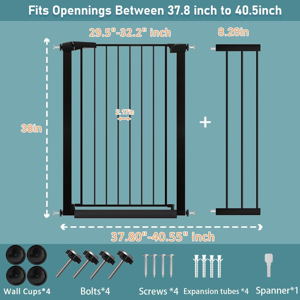 38.5" Extra Tall Pet Gate Pressure Mounted - 37.80"-40.55" Wide Walk Through Baby Gates with Door for The House Stairs Doorway - Puppy Doggy Dog Gates Fence Child Safety Gate
