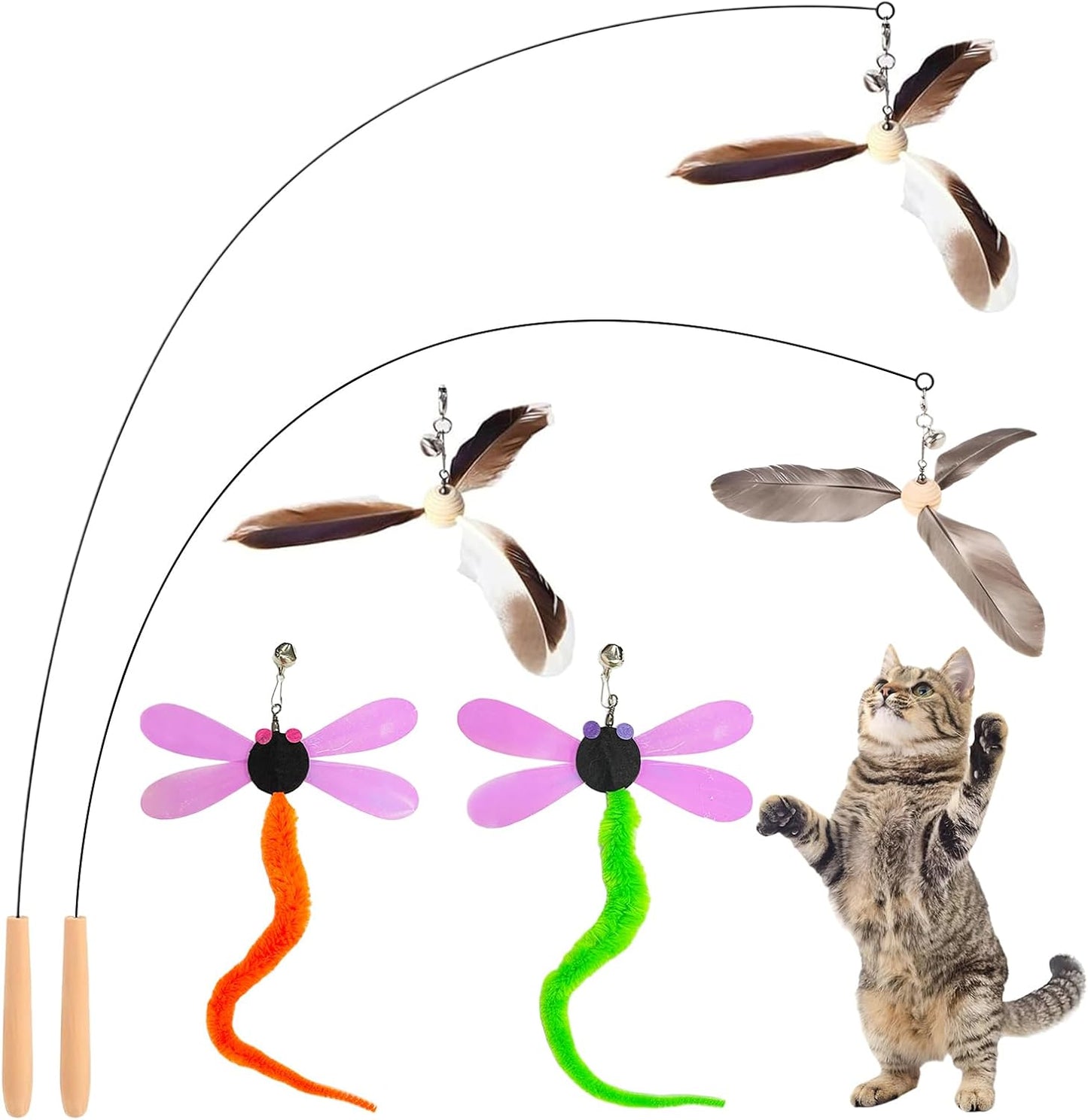 Kingtree Cat Teaser Wand Toys, Interactive Feather Cat Wand Toy with 5 Bell Feather Refills & 2Pcs 35'' Flexible Steel Wire Wood Handle Wands, Cat Feather Toys for Indoor Cats to Play Chase Exercise