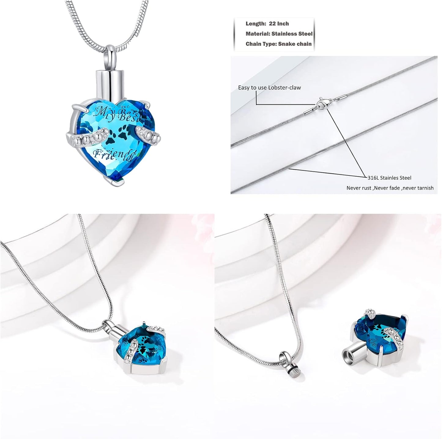 Cremation Jewelry for Ashes for Dog Cat Waterproof Pet Memorial Urn Pendant Necklace for Ashes