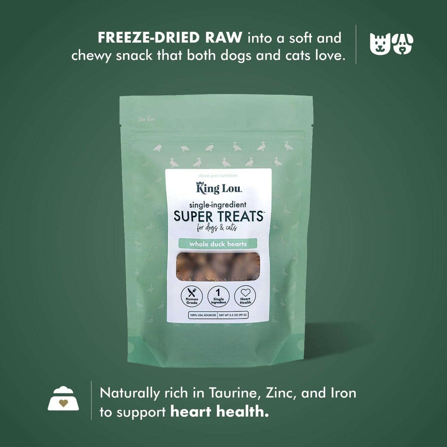 King Lou Pets - Whole Duck Hearts for Dogs and Cats - USA-Made Freeze Dried Duck Hearts - Taurine, Zinc, and Iron - 1lb Prior to Freeze Drying