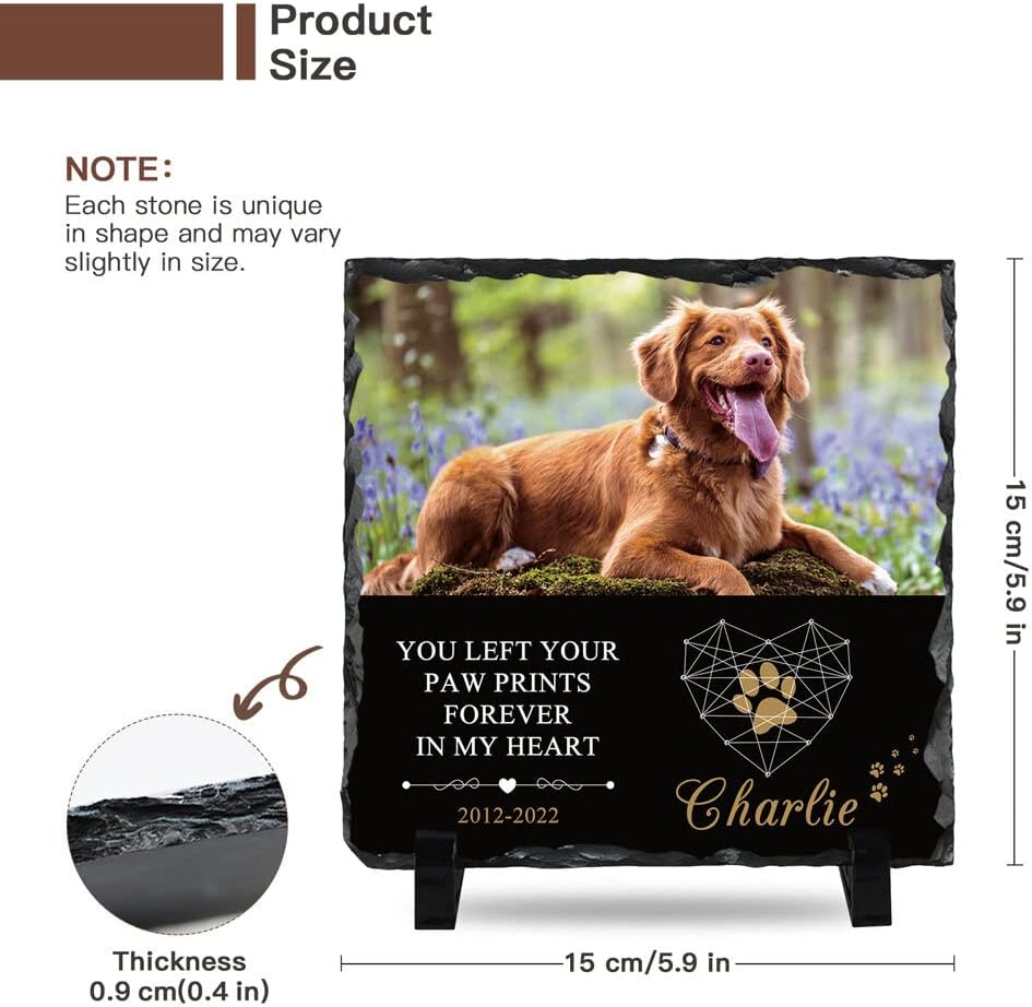 Bemaystar Personalised Dog Memorial Plaque - Customized Rock Slate Stone Picture Frame Plaque with Photo, Pet Memorial Sign with Stand Natural Slate Grave Plaque Pets Bereavement Gifts Loss of Pet