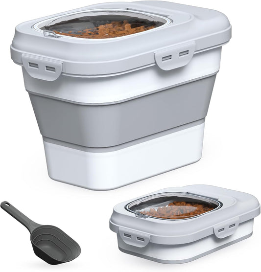 Dog Food Storage Container Small, 10-13lbs Collapsible Dog Cat Food Containers with Airtight Clear Flip-top and Pet Food Scoop, Pet Food Storage Container Bin for Dog Cat Bird Other Pets Grey